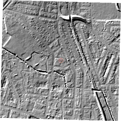 Shaded relief map of the ground around N99PS, computed from Environment Agency LiDAR. The ground here sits at about 17 m above sea level and falls 10 m across the surrounding 800 m. Surface water reaching this point runs off ground lying to the west, 0.7 m higher.