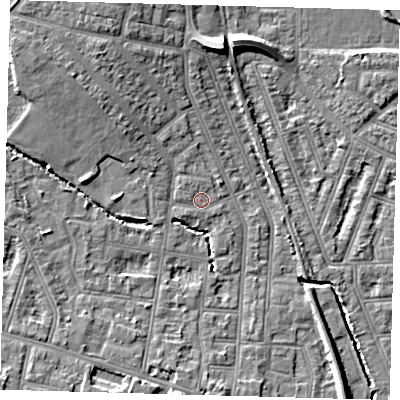 Shaded relief map of the ground around N99PT, computed from Environment Agency LiDAR. The ground here sits at about 16 m above sea level and falls 10 m across the surrounding 800 m. Surface water reaching this point runs off ground lying to the north-west, 0.8 m higher.