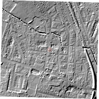 Shaded relief map of the ground around N99PU, computed from Environment Agency LiDAR. The ground here sits at about 17 m above sea level and falls 10 m across the surrounding 800 m. Surface water reaching this point runs off ground lying to the west, 4.5 m higher.