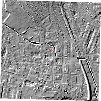 Shaded relief map of the ground around N99PX, computed from Environment Agency LiDAR. The ground here sits at about 16 m above sea level and falls 10 m across the surrounding 800 m. Surface water reaching this point runs off ground lying to the north-north-west, 7.3 m higher.