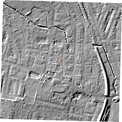 Shaded relief map of the ground around N99PZ, computed from Environment Agency LiDAR. The ground here sits at about 17 m above sea level and falls 11 m across the surrounding 800 m. Surface water reaching this point runs off ground lying to the south-south-east, 2.2 m higher.