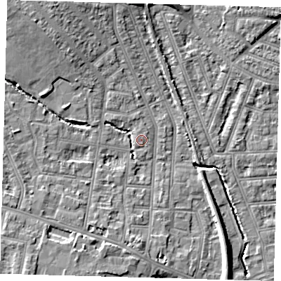 Shaded relief map of the ground around N99QA, computed from Environment Agency LiDAR. The ground here sits at about 16 m above sea level and falls 10 m across the surrounding 800 m. Surface water reaching this point runs off ground lying to the west-north-west, 2.6 m higher.