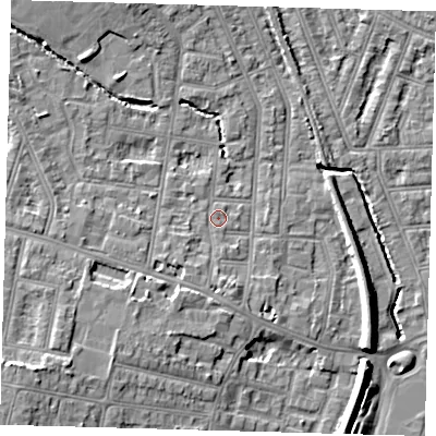 Shaded relief map of the ground around N99QB, computed from Environment Agency LiDAR. The ground here sits at about 16 m above sea level and falls 11 m across the surrounding 800 m. Surface water reaching this point runs off ground lying to the south, 2.2 m higher.