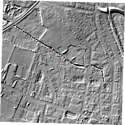 Shaded relief map of the ground around N99XB, computed from Environment Agency LiDAR. The ground here sits at about 17 m above sea level and falls 10 m across the surrounding 800 m. Surface water reaching this point runs off ground lying to the west-north-west, 2.5 m higher.
