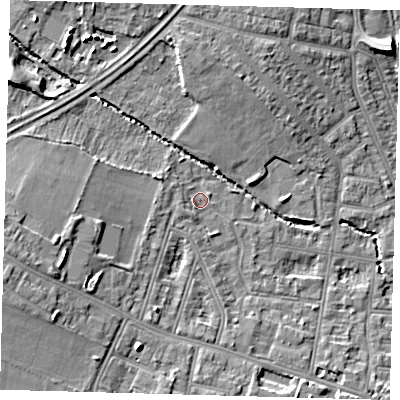 Shaded relief map of the ground around N99XD, computed from Environment Agency LiDAR. The ground here sits at about 17 m above sea level and falls 10 m across the surrounding 800 m. Surface water reaching this point runs off ground lying to the west, 1.2 m higher.
