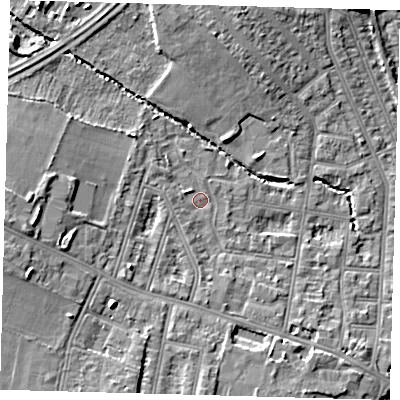 Shaded relief map of the ground around N99XE, computed from Environment Agency LiDAR. The ground here sits at about 17 m above sea level and falls 10 m across the surrounding 800 m. Surface water reaching this point runs off ground lying to the west, 6.4 m higher.