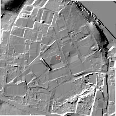 Shaded relief map of the ground around NE100ES, computed from Environment Agency LiDAR. The ground here sits at about 25 m above sea level and falls 36 m across the surrounding 800 m. Surface water reaching this point runs off ground lying to the south-south-west, 6.2 m higher.