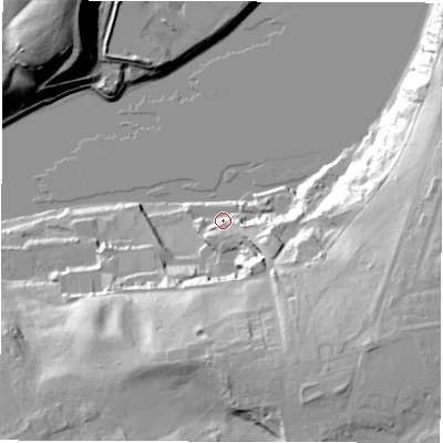 Shaded relief map of the ground around NE100SQ, computed from Environment Agency LiDAR. The ground here sits at about 8 m above sea level and falls 44 m across the surrounding 800 m. Surface water reaching this point runs off ground lying to the south-south-east, 38.1 m higher.