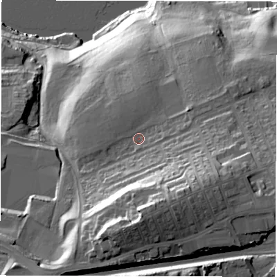 Shaded relief map of the ground around NE100YP, computed from Environment Agency LiDAR. The ground here sits at about 37 m above sea level and falls 64 m across the surrounding 800 m. Surface water reaching this point runs off ground lying to the south, 26.9 m higher.