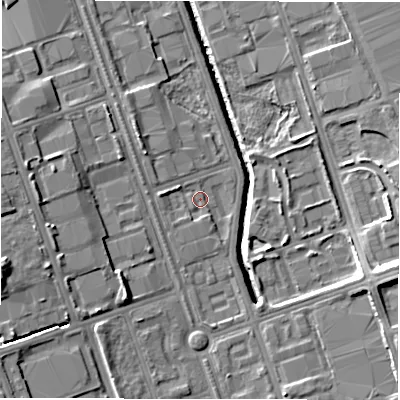 Shaded relief map of the ground around NE110AZ, computed from Environment Agency LiDAR. The ground here sits at about 9 m above sea level and falls 12 m across the surrounding 800 m. Surface water reaching this point runs off ground lying to the west, 1.9 m higher.