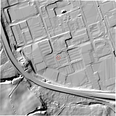 Shaded relief map of the ground around NE110BD, computed from Environment Agency LiDAR. The ground here sits at about 14 m above sea level and falls 35 m across the surrounding 800 m. Surface water reaching this point runs off ground lying to the west, 13.2 m higher.