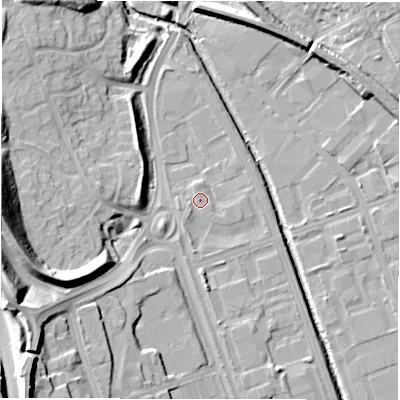 Shaded relief map of the ground around NE110BE, computed from Environment Agency LiDAR. The ground here sits at about 7 m above sea level and falls 23 m across the surrounding 800 m. Surface water reaching this point runs off ground lying to the east-south-east, 1.0 m higher.