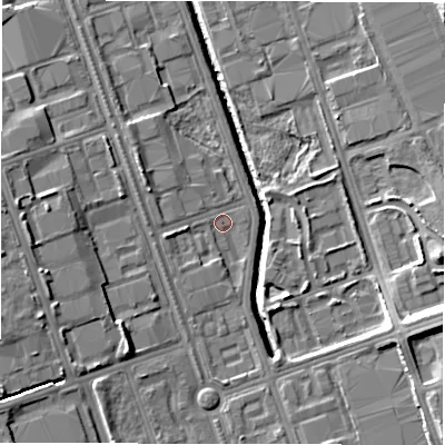 Shaded relief map of the ground around NE110BL, computed from Environment Agency LiDAR. The ground here sits at about 9 m above sea level and falls 13 m across the surrounding 800 m. Surface water reaching this point runs off ground lying to the west-south-west, 2.5 m higher.