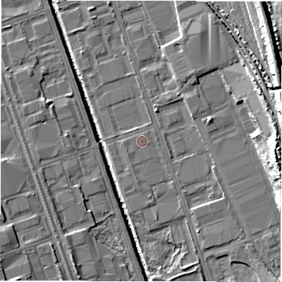 Shaded relief map of the ground around NE110BP, computed from Environment Agency LiDAR. The ground here sits at about 8 m above sea level and falls 20 m across the surrounding 800 m. Surface water reaching this point runs off ground lying to the west-south-west, 0.6 m higher.