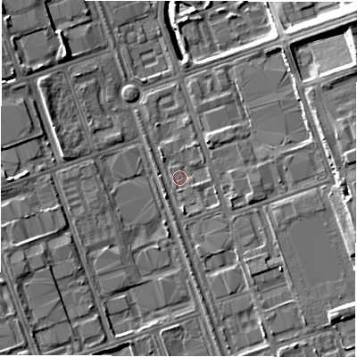 Shaded relief map of the ground around NE110ED, computed from Environment Agency LiDAR. The ground here sits at about 10 m above sea level and falls 18 m across the surrounding 800 m. Surface water reaching this point runs off ground lying to the east-south-east, 4.6 m higher.