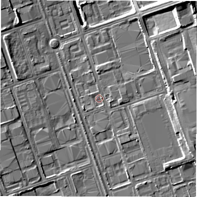 Shaded relief map of the ground around NE110EF, computed from Environment Agency LiDAR. The ground here sits at about 10 m above sea level and falls 20 m across the surrounding 800 m. Surface water reaching this point runs off ground lying to the east-south-east, 5.8 m higher.