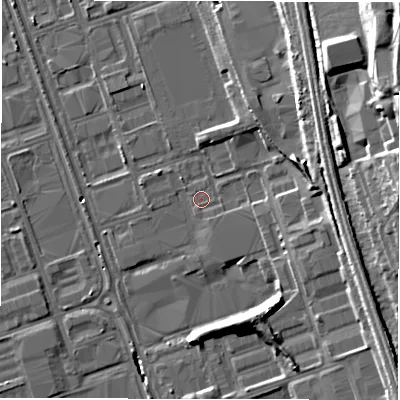 Shaded relief map of the ground around NE110EJ, computed from Environment Agency LiDAR. The ground here sits at about 12 m above sea level and falls 27 m across the surrounding 800 m. The ground contributing surface water to this point lies to the south-south-west.