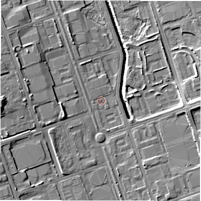 Shaded relief map of the ground around NE110EN, computed from Environment Agency LiDAR. The ground here sits at about 10 m above sea level and falls 12 m across the surrounding 800 m. Surface water reaching this point runs off ground lying to the west, 7.2 m higher.