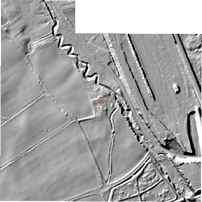 Shaded relief map of the ground around NE110ES, computed from Environment Agency LiDAR. The ground here sits at about 17 m above sea level and falls 22 m across the surrounding 800 m. Surface water reaching this point runs off ground lying to the south, 1.7 m higher.