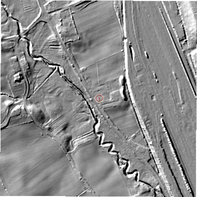 Shaded relief map of the ground around NE110ET, computed from Environment Agency LiDAR. The ground here sits at about 14 m above sea level and falls 23 m across the surrounding 800 m. Surface water reaching this point runs off ground lying to the south-east, 8.7 m higher.
