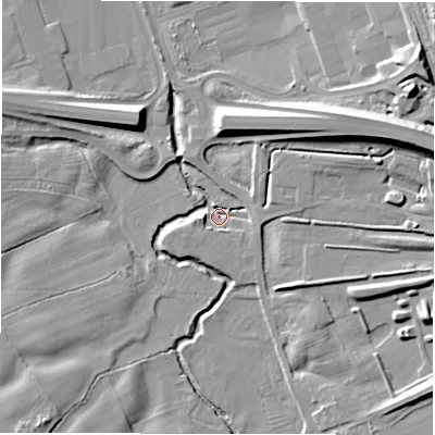 Shaded relief map of the ground around NE110EW, computed from Environment Agency LiDAR. The ground here sits at about 11 m above sea level and falls 18 m across the surrounding 800 m. Surface water reaching this point runs off ground lying to the north-east, 6.3 m higher.