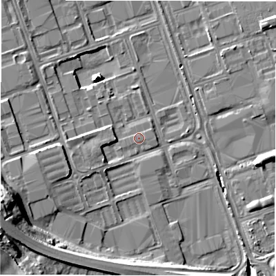 Shaded relief map of the ground around NE110GU, computed from Environment Agency LiDAR. The ground here sits at about 12 m above sea level and falls 24 m across the surrounding 800 m. The ground contributing surface water to this point lies to the south-west.
