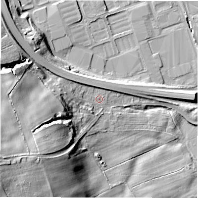 Shaded relief map of the ground around NE110HD, computed from Environment Agency LiDAR. The ground here sits at about 17 m above sea level and falls 37 m across the surrounding 800 m. Surface water reaching this point runs off ground lying to the west-south-west, 29.9 m higher.