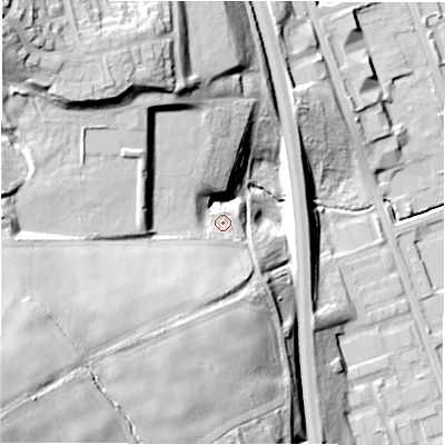 Shaded relief map of the ground around NE110HH, computed from Environment Agency LiDAR. The ground here sits at about 28 m above sea level and falls 51 m across the surrounding 800 m. Surface water reaching this point runs off ground lying to the south-west, 9.7 m higher.