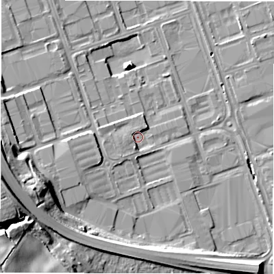 Shaded relief map of the ground around NE110HL, computed from Environment Agency LiDAR. The ground here sits at about 12 m above sea level and falls 30 m across the surrounding 800 m. Surface water reaching this point runs off ground lying to the south-south-west, 2.6 m higher.