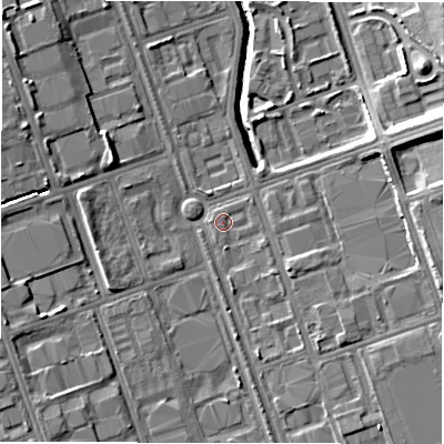 Shaded relief map of the ground around NE110HW, computed from Environment Agency LiDAR. The ground here sits at about 10 m above sea level and falls 14 m across the surrounding 800 m. Surface water reaching this point runs off ground lying to the east-north-east, 0.6 m higher.