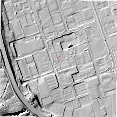 Shaded relief map of the ground around NE110HZ, computed from Environment Agency LiDAR. The ground here sits at about 13 m above sea level and falls 34 m across the surrounding 800 m. Surface water reaching this point runs off ground lying to the west, 0.8 m higher.