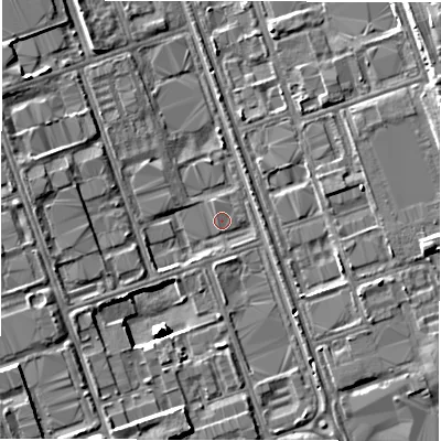 Shaded relief map of the ground around NE110JL, computed from Environment Agency LiDAR. The ground here sits at about 11 m above sea level and falls 10 m across the surrounding 800 m. Surface water reaching this point runs off ground lying to the west-south-west, 4.4 m higher.