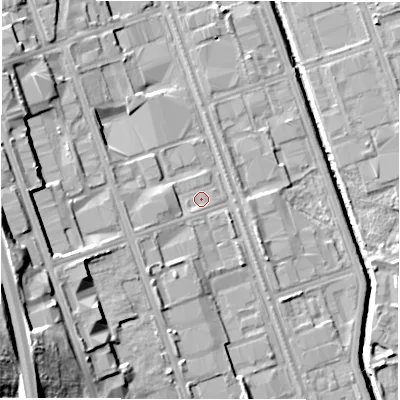 Shaded relief map of the ground around NE110JS, computed from Environment Agency LiDAR. The ground here sits at about 11 m above sea level and falls 24 m across the surrounding 800 m. Surface water reaching this point runs off ground lying to the west-south-west, 2.9 m higher.