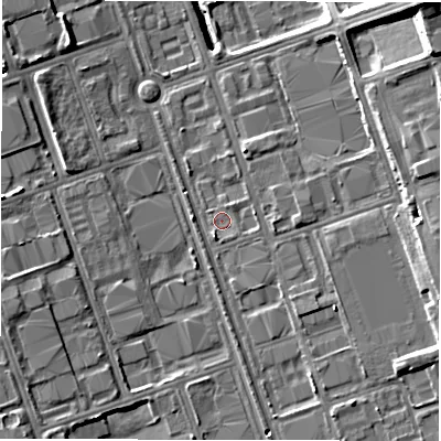 Shaded relief map of the ground around NE110JW, computed from Environment Agency LiDAR. The ground here sits at about 10 m above sea level and falls 17 m across the surrounding 800 m. Surface water reaching this point runs off ground lying to the east-south-east, 4.9 m higher.