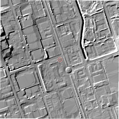 Shaded relief map of the ground around NE110JZ, computed from Environment Agency LiDAR. The ground here sits at about 10 m above sea level and falls 14 m across the surrounding 800 m. Surface water reaching this point runs off ground lying to the west-south-west, 4.9 m higher.