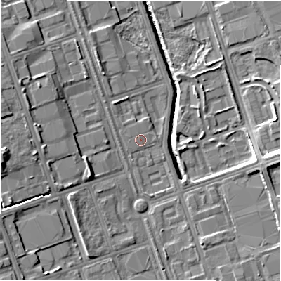 Shaded relief map of the ground around NE110LB, computed from Environment Agency LiDAR. The ground here sits at about 10 m above sea level and falls 12 m across the surrounding 800 m. The ground contributing surface water to this point lies to the west-north-west.