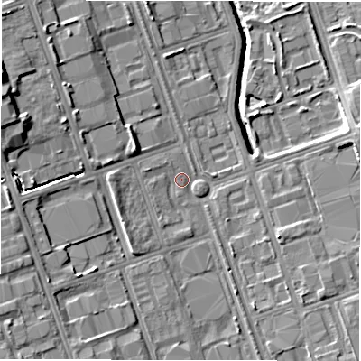 Shaded relief map of the ground around NE110NA, computed from Environment Agency LiDAR. The ground here sits at about 10 m above sea level and falls 14 m across the surrounding 800 m. Surface water reaching this point runs off ground lying to the west, 4.9 m higher.