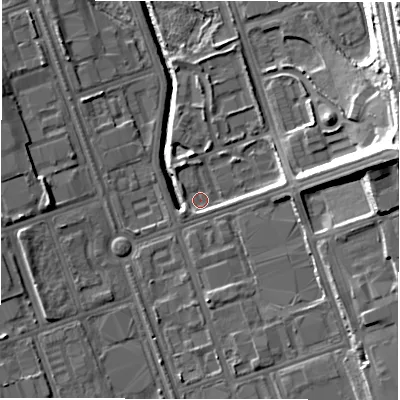 Shaded relief map of the ground around NE110NB, computed from Environment Agency LiDAR. The ground here sits at about 8 m above sea level and falls 21 m across the surrounding 800 m. Surface water reaching this point runs off ground lying to the north-north-west, 2.5 m higher.