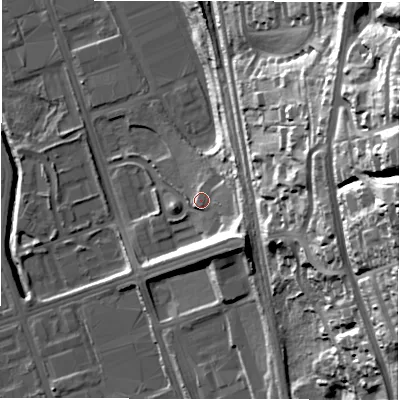Shaded relief map of the ground around NE110NG, computed from Environment Agency LiDAR. The ground here sits at about 14 m above sea level and falls 61 m across the surrounding 800 m. Surface water reaching this point runs off ground lying to the east-north-east, 32.2 m higher.