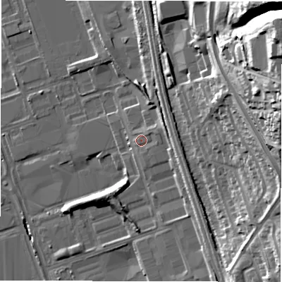 Shaded relief map of the ground around NE110NJ, computed from Environment Agency LiDAR. The ground here sits at about 15 m above sea level and falls 50 m across the surrounding 800 m. Surface water reaching this point runs off ground lying to the east-north-east, 3.8 m higher.