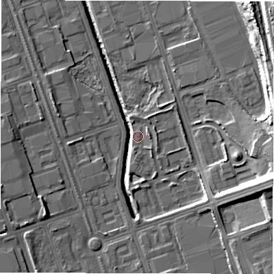Shaded relief map of the ground around NE110NL, computed from Environment Agency LiDAR. The ground here sits at about 8 m above sea level and falls 21 m across the surrounding 800 m. Surface water reaching this point runs off ground lying to the east-south-east, 18.6 m higher.