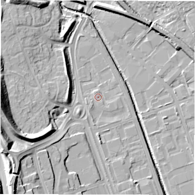 Shaded relief map of the ground around NE110NQ, computed from Environment Agency LiDAR. The ground here sits at about 7 m above sea level and falls 23 m across the surrounding 800 m. Surface water reaching this point runs off ground lying to the east-south-east, 1.0 m higher.