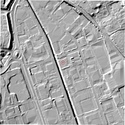Shaded relief map of the ground around NE110NU, computed from Environment Agency LiDAR. The ground here sits at about 7 m above sea level and falls 22 m across the surrounding 800 m. Surface water reaching this point runs off ground lying to the east-north-east, 1.8 m higher.