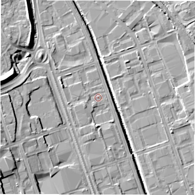 Shaded relief map of the ground around NE110NX, computed from Environment Agency LiDAR. The ground here sits at about 8 m above sea level and falls 14 m across the surrounding 800 m. Surface water reaching this point runs off ground lying to the west-south-west, 1.5 m higher.