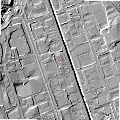Shaded relief map of the ground around NE110NY, computed from Environment Agency LiDAR. The ground here sits at about 8 m above sea level and falls 12 m across the surrounding 800 m. Surface water reaching this point runs off ground lying to the west, 1.0 m higher.