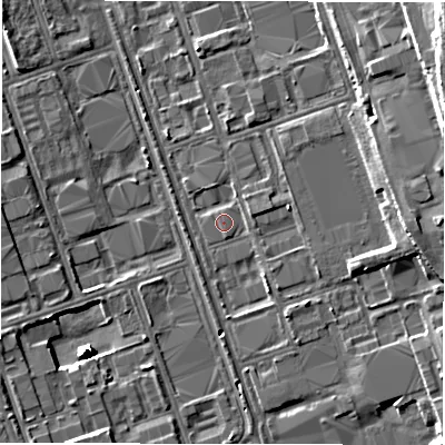 Shaded relief map of the ground around NE110QA, computed from Environment Agency LiDAR. The ground here sits at about 11 m above sea level and falls 13 m across the surrounding 800 m. The ground contributing surface water to this point lies to the south-south-east.