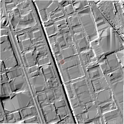 Shaded relief map of the ground around NE110QD, computed from Environment Agency LiDAR. The ground here sits at about 7 m above sea level and falls 16 m across the surrounding 800 m. Surface water reaching this point runs off ground lying to the east, 5.0 m higher.