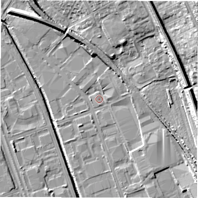 Shaded relief map of the ground around NE110RQ, computed from Environment Agency LiDAR. The ground here sits at about 8 m above sea level and falls 30 m across the surrounding 800 m. Surface water reaching this point runs off ground lying to the north-east, 2.1 m higher.