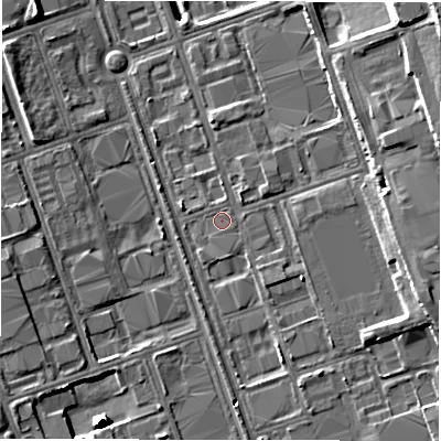Shaded relief map of the ground around NE110SJ, computed from Environment Agency LiDAR. The ground here sits at about 11 m above sea level and falls 15 m across the surrounding 800 m. The ground contributing surface water to this point lies to the north-east.