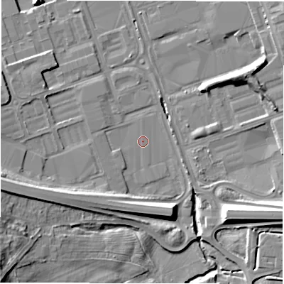 Shaded relief map of the ground around NE110SQ, computed from Environment Agency LiDAR. The ground here sits at about 12 m above sea level and falls 17 m across the surrounding 800 m. Surface water reaching this point runs off ground lying to the south-west, 1.2 m higher.